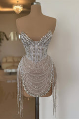 Short Prom Dress with Sweetheart Neckline Beadings Tassels and Pearls-Dbrbridal