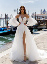 Short Sleeves Chic A-line Elegant Sweetheart Wedding Dress Sweep Train Tulle Appliques Lace-Dbrbridal