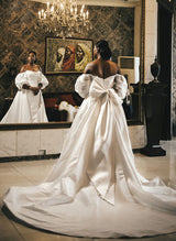 Short Sleeves Detachable Train Satin Wedding Dresses Ruffle Mermaid Fitted-Dbrbridal