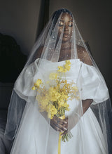 Short Sleeves Detachable Train Satin Wedding Dresses Ruffle Mermaid Fitted-Dbrbridal