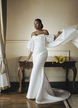 Short Sleeves Detachable Train Satin Wedding Dresses Ruffle Mermaid Fitted-Dbrbridal