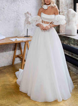 Short Sleeves Sweep Train Satin Wedding Dresses-Dbrbridal