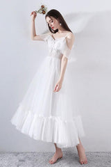 Short Wedding Dress A-line Chic V-Neck Short Sleeves Tea Length Bridal Gowns-Dbrbridal