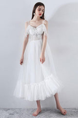 Short Wedding Dress A-line Chic V-Neck Short Sleeves Tea Length Bridal Gowns-Dbrbridal