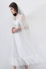 Short Wedding Dress A-line Chic V-Neck Short Sleeves Tea Length Bridal Gowns-Dbrbridal