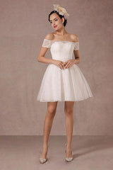 Short Wedding Dress Lace Off The Shoulder Mini A-Line Retro Bridal Dress-Dbrbridal