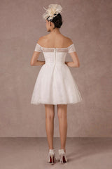Short Wedding Dress Lace Off The Shoulder Mini A-Line Retro Bridal Dress-Dbrbridal