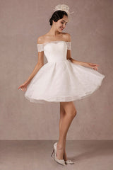 Short Wedding Dress Lace Off The Shoulder Mini A-Line Retro Bridal Dress-Dbrbridal