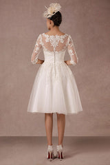 Short Wedding Dress Retro Lace Applique Long Sleeves Tea Length A-line Tulle Bridal Gown With Flower Sash Exclusive-Dbrbridal