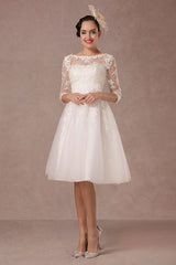 Short Wedding Dress Retro Lace Applique Long Sleeves Tea Length A-line Tulle Bridal Gown With Flower Sash Exclusive-Dbrbridal