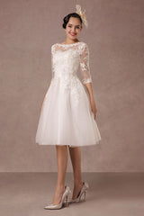 Short Wedding Dress Retro Lace Applique Long Sleeves Tea Length A-line Tulle Bridal Gown With Flower Sash Exclusive-Dbrbridal