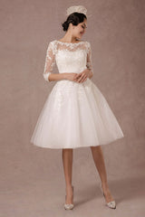 Short Wedding Dress Retro Lace Applique Long Sleeves Tea Length A-line Tulle Bridal Gown With Flower Sash Exclusive-Dbrbridal