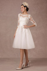 Short Wedding Dress Retro Lace Applique Long Sleeves Tea Length A-line Tulle Bridal Gown With Flower Sash Exclusive-Dbrbridal