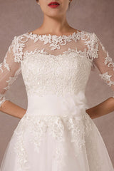Short Wedding Dress Retro Lace Applique Long Sleeves Tea Length A-line Tulle Bridal Gown With Flower Sash Exclusive-Dbrbridal
