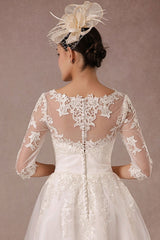 Short Wedding Dress Retro Lace Applique Long Sleeves Tea Length A-line Tulle Bridal Gown With Flower Sash Exclusive-Dbrbridal