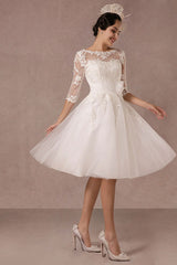 Short Wedding Dress Retro Lace Applique Long Sleeves Tea Length A-line Tulle Bridal Gown With Flower Sash Exclusive-Dbrbridal