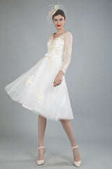 Short Wedding Dress Tulle Knee Length Chic V-Neck Long Sleeves A-line Bridal Gowns Exclusive-Dbrbridal