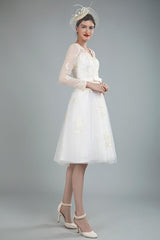 Short Wedding Dress Tulle Knee Length Chic V-Neck Long Sleeves A-line Bridal Gowns Exclusive-Dbrbridal