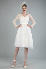 Short Wedding Dress Tulle Knee Length Chic V-Neck Long Sleeves A-line Bridal Gowns Exclusive-Dbrbridal