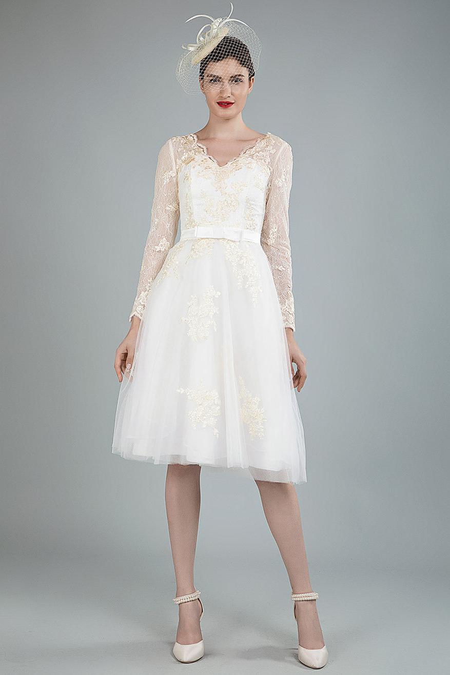Short Wedding Dress Tulle Knee Length V-Neck Long Sleeves A-line Bridal Gowns Dbrbridal Short Wedding Dress Tulle Knee Length V-Neck Long Sleeves A-line Bridal Gowns Dbrbridal