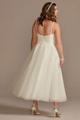Short Wedding Dress White Sleeveless Tea-Length Sweetheart Neck Sleeveless A-Line Tulle Bridal Gowns-Dbrbridal