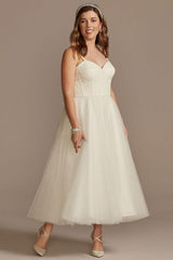 Short Wedding Dress White Sleeveless Tea-Length Sweetheart Neck Sleeveless A-Line Tulle Bridal Gowns-Dbrbridal