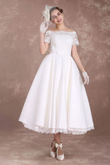 Short Wedding Dresses Retro Bridal Dress 1950s Bateau Lace Short Sleeve Ivory Bow Sash Tea Length Wedding Reception Dress Exclusive-Dbrbridal