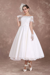 Short Wedding Dresses Retro Bridal Dress 1950s Bateau Lace Short Sleeve Ivory Bow Sash Tea Length Wedding Reception Dress Exclusive-Dbrbridal