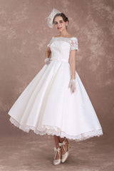 Short Wedding Dresses Retro Bridal Dress 1950s Bateau Lace Short Sleeve Ivory Bow Sash Tea Length Wedding Reception Dress Exclusive-Dbrbridal