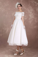 Short Wedding Dresses Retro Bridal Dress 1950s Bateau Lace Short Sleeve Ivory Bow Sash Tea Length Wedding Reception Dress Exclusive-Dbrbridal