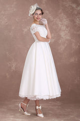 Short Wedding Dresses Retro Bridal Dress 1950s Bateau Lace Short Sleeve Ivory Bow Sash Tea Length Wedding Reception Dress Exclusive-Dbrbridal