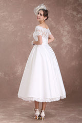 Short Wedding Dresses Retro Bridal Dress 1950s Bateau Lace Short Sleeve Ivory Bow Sash Tea Length Wedding Reception Dress Exclusive-Dbrbridal