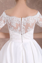 Short Wedding Dresses Retro Bridal Dress 1950s Bateau Lace Short Sleeve Ivory Bow Sash Tea Length Wedding Reception Dress Exclusive-Dbrbridal