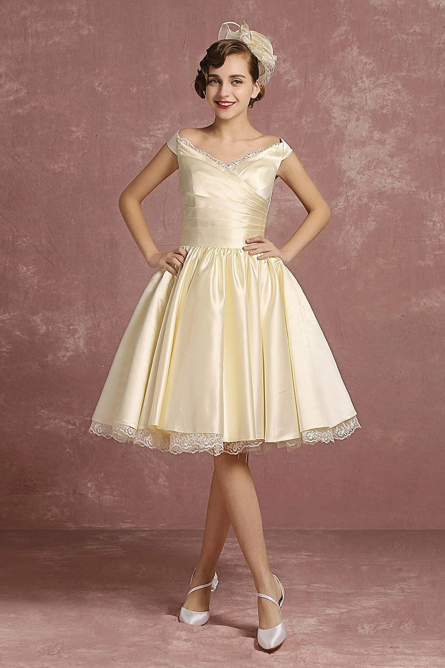 Short Wedding Dresses Satin Retro Princess Bridal Dress Knee Length Sleeveless Lace Edge Pleated Bridal Gown With Ribbon Bow Dbrbridal Short Wedding Dresses Satin Retro Princess Bridal Dress Knee Length Sleeveless Lace Edge Pleated Bridal Gown With Ribbon Bow Dbrbridal