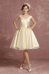 Short Wedding Dresses Satin Retro Princess Bridal Dress Knee Length Sleeveless Lace Edge Pleated Bridal Gown With Ribbon Bow Exclusive-Dbrbridal