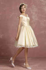 Short Wedding Dresses Satin Retro Princess Bridal Dress Knee Length Sleeveless Lace Edge Pleated Bridal Gown With Ribbon Bow Exclusive-Dbrbridal