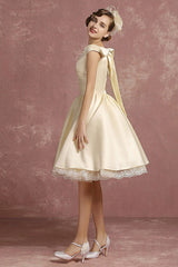 Short Wedding Dresses Satin Retro Princess Bridal Dress Knee Length Sleeveless Lace Edge Pleated Bridal Gown With Ribbon Bow Exclusive-Dbrbridal