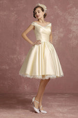 Short Wedding Dresses Satin Retro Princess Bridal Dress Knee Length Sleeveless Lace Edge Pleated Bridal Gown With Ribbon Bow Exclusive-Dbrbridal