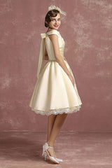 Short Wedding Dresses Satin Retro Princess Bridal Dress Knee Length Sleeveless Lace Edge Pleated Bridal Gown With Ribbon Bow Exclusive-Dbrbridal