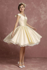 Short Wedding Dresses Satin Retro Princess Bridal Dress Knee Length Sleeveless Lace Edge Pleated Bridal Gown With Ribbon Bow Exclusive-Dbrbridal