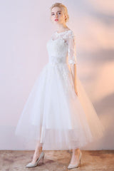 Short Wedding Dresses White Half Sleeve Lace Applique Tea Length Bridal Dress-Dbrbridal