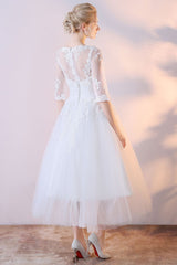 Short Wedding Dresses White Half Sleeve Lace Applique Tea Length Bridal Dress-Dbrbridal