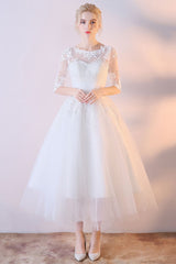 Short Wedding Dresses White Half Sleeve Lace Applique Tea Length Bridal Dress-Dbrbridal