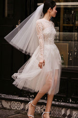 Short Wedding Dresses White Lace Long Sleeve Illusion Tea Length Bridal Dress-Dbrbridal