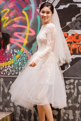 Short Wedding Dresses White Lace Long Sleeve Illusion Tea Length Bridal Dress-Dbrbridal
