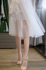 Short Wedding Dresses White Lace Long Sleeve Illusion Tea Length Bridal Dress-Dbrbridal