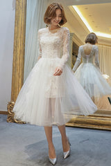 Short Wedding Dresses White Lace Long Sleeve Illusion Tea Length Bridal Dress-Dbrbridal