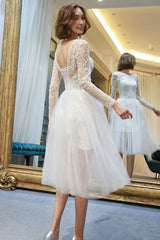 Short Wedding Dresses White Lace Long Sleeve Illusion Tea Length Bridal Dress-Dbrbridal