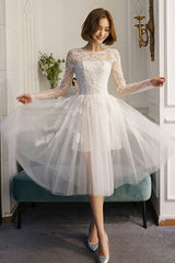 Short Wedding Dresses White Lace Long Sleeve Illusion Tea Length Bridal Dress-Dbrbridal