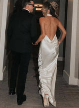 Silk Like Satin Backless Halter Sheath Fitted Wedding Dresses-Dbrbridal